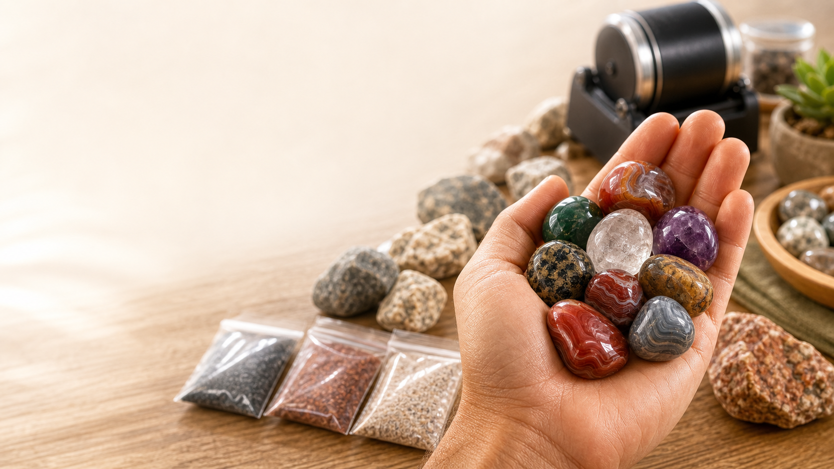 A hand holding glossy polished stones beside rough rocks, grit packets, and a rock tumbler