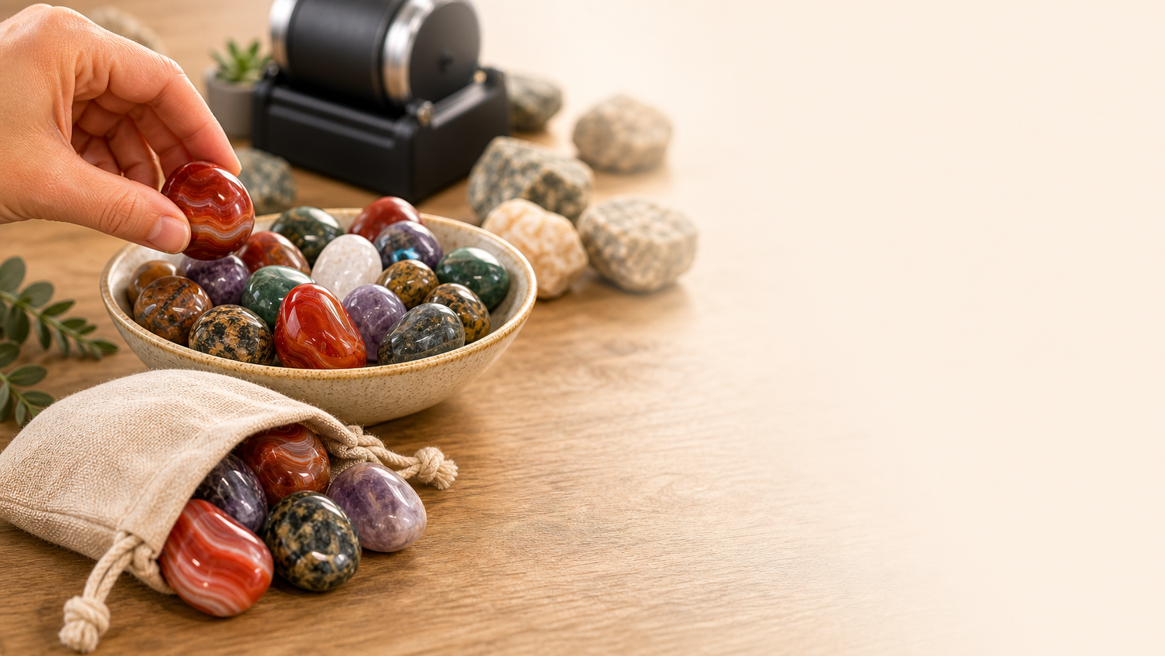 Polished stones in a bowl and gift pouch beside a rock tumbler