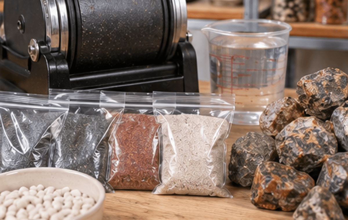 Rocks, grit, water, and media arranged for tumbling